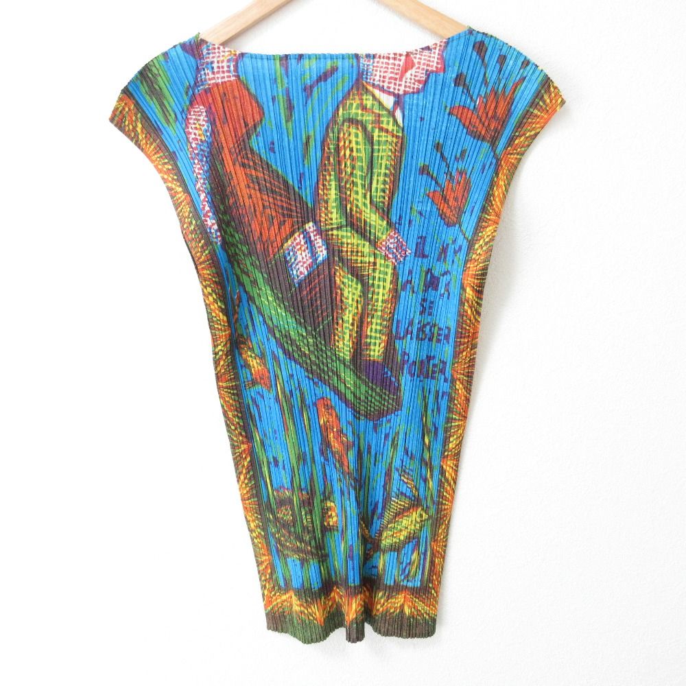 プリーツプリーズ イッセイミヤケ バード×人物 プリント ノースリーブ シャツ プルオーバー サイズ4 ブルー レディース 古着