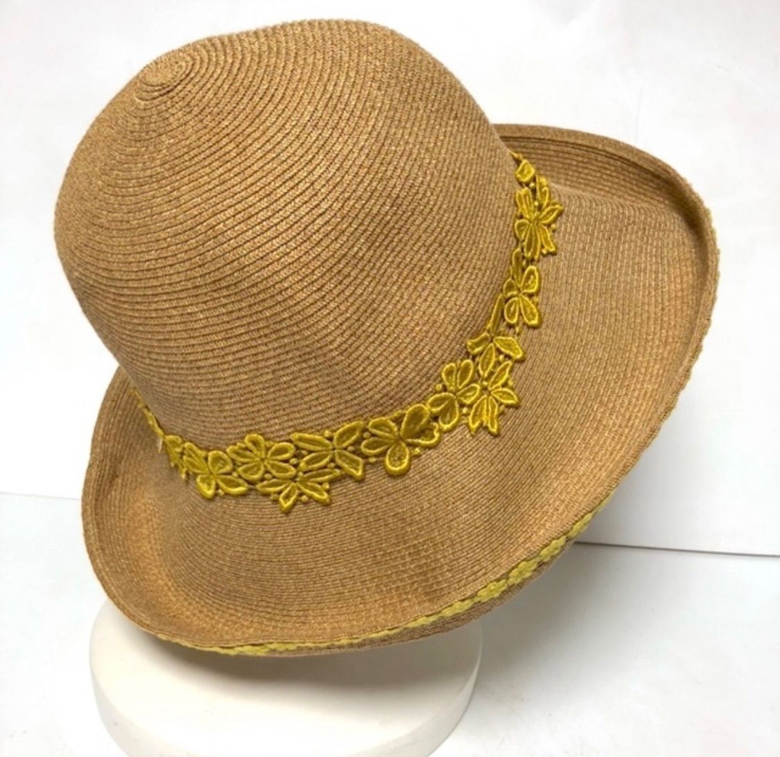 【未使用】athena new york アシーナニューヨーク 花刺繍 フラワーレース つば広 ペーパー ハット 麦わら帽子 ベージュ レディース A02