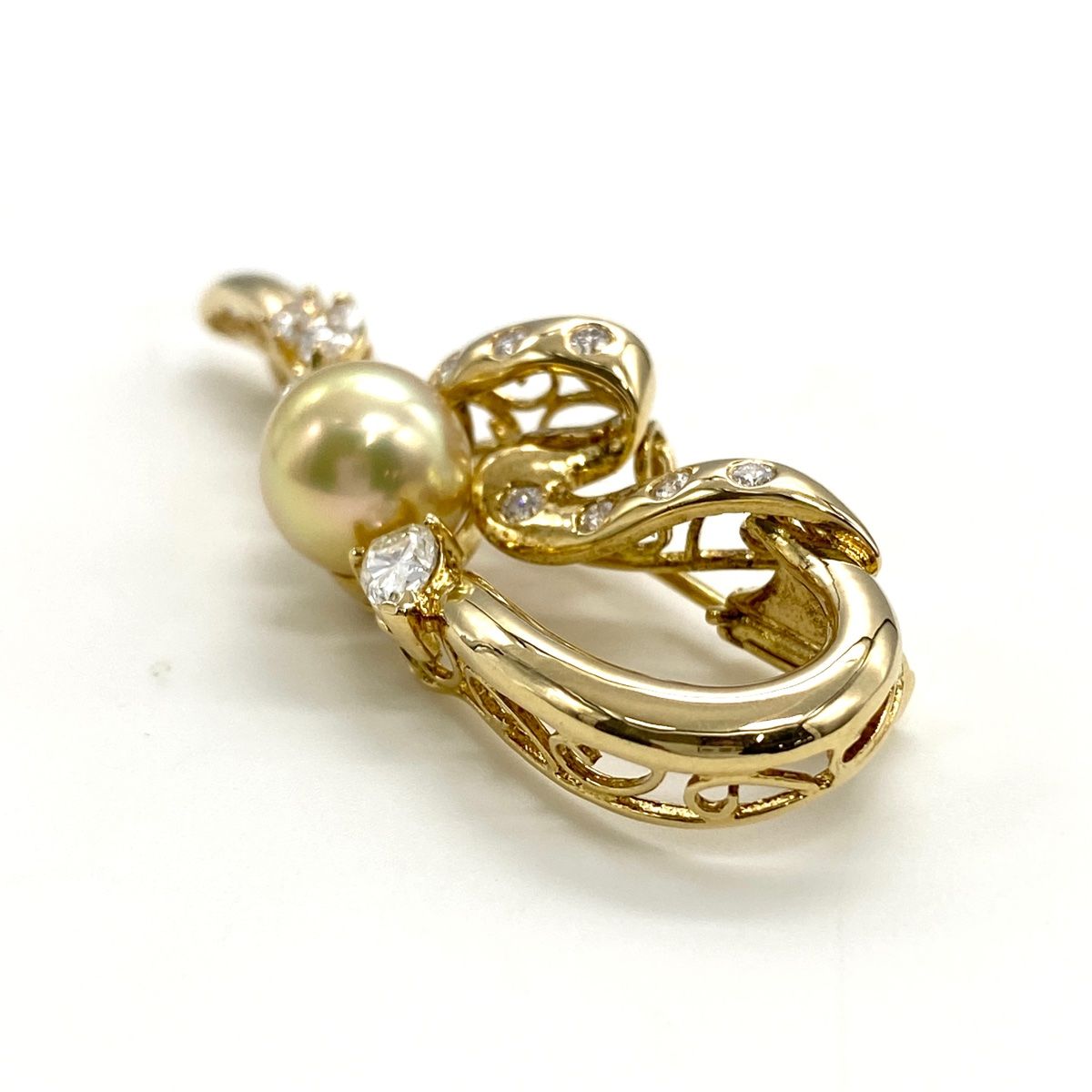 パール デザインブローチ YG イエローゴールド メレダイヤ 真珠 ブローチ 16.6×53.2 K18 パール ダイヤモンド レディース