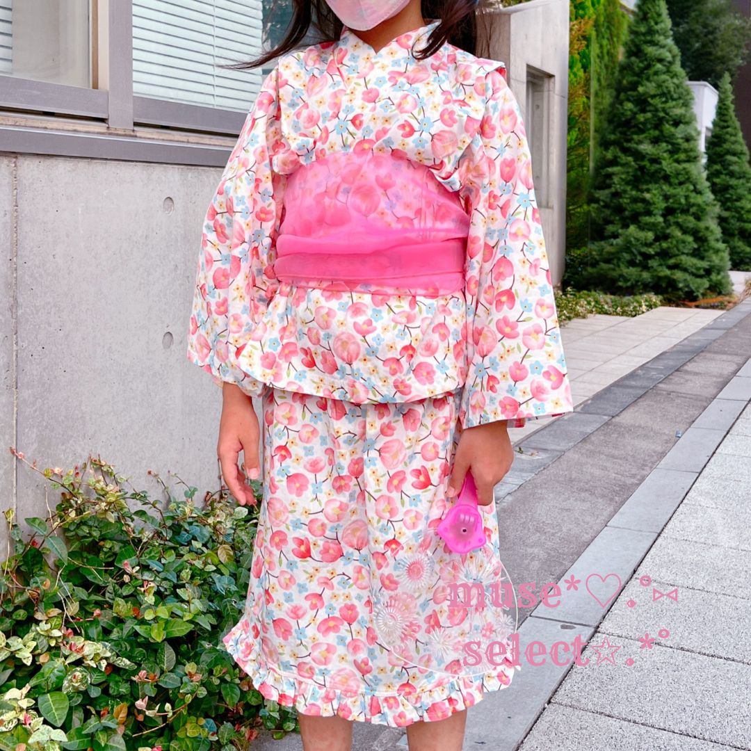 120 130 浴衣ドレスセット フリルスカート 兵児帯 セパレート 簡単3点