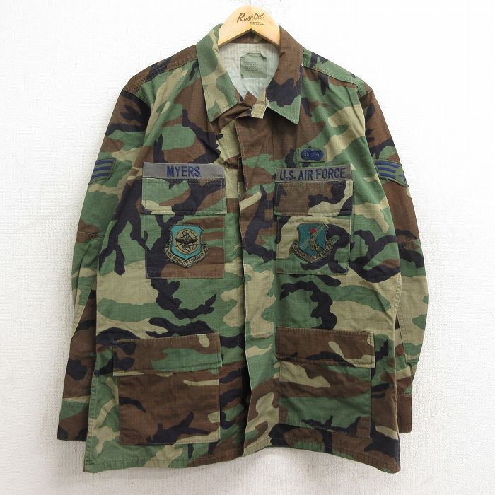 L/古着 長袖 ミリタリー ジャケット メンズ 90s コンバット USエアフォース リップストップ ウッドランドカモ 濃緑他 グリーン 迷彩 24sep1