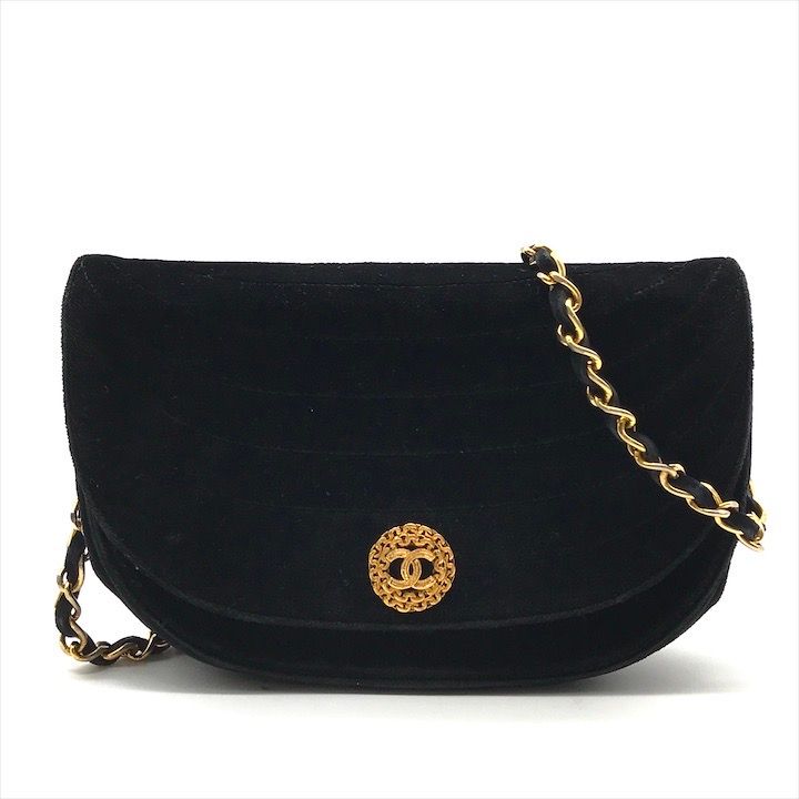 CHANEL シャネル ベロア ハーフムーン ココマーク チェーン ショルダー バッグ ブラック レディース ブランド 鞄 a8642