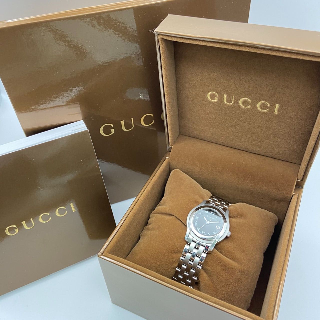 美品 GUCCI グッチ 5500L デイト クォーツ シルバー 黒文字盤 腕時計