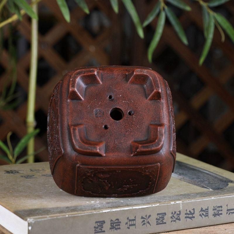 紫砂四景図花窓円角大方緑植盆 多肉菖蒲盆栽 植木鉢 小品盆栽鉢