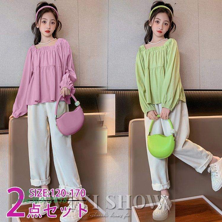 キッズ トップス ボ上下セット カジュアル カットソー ズボン あわせやすい かわいい 子供服 おしゃれ ふんわり 着やすい ギャザー シンプル