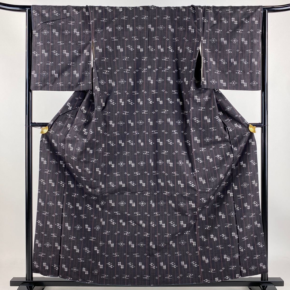 紬 身丈158cm 裄丈65cm M 袷 やまと 井桁絣 縦縞 茶紫 正絹 名品