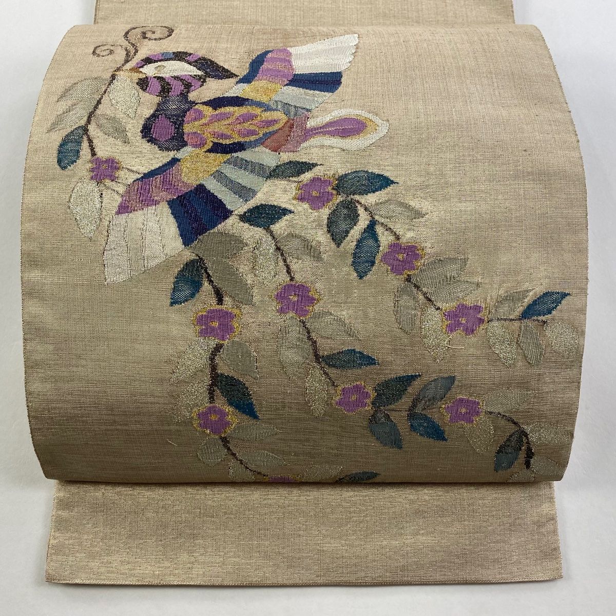 袋帯 名品 帝王紫 落款 証紙 花喰い鳥 金銀糸 箔 ベージュ お太鼓柄 正絹