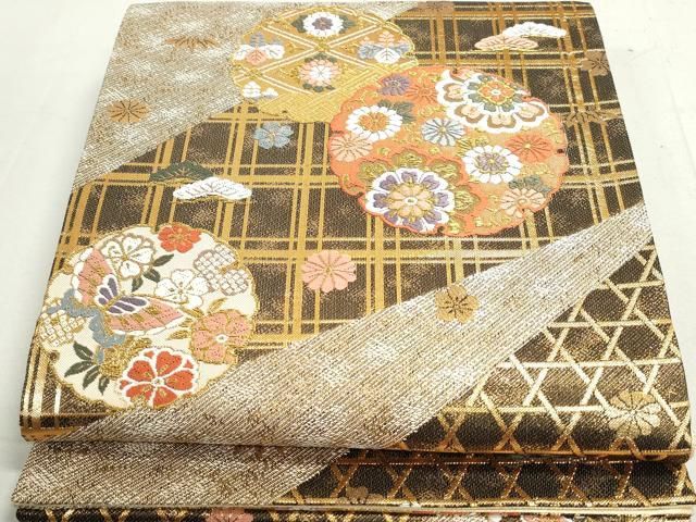 平和屋着物◎佐賀錦 六通柄袋帯 唐織 雪輪花蝶文 黒地 金糸 正絹 逸品