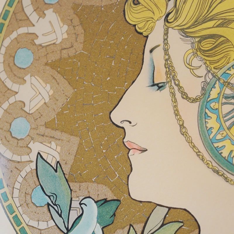 アルフォンス・ミュシャ 羽根ペン リトグラフ 絵画 額縁 大型 美術品