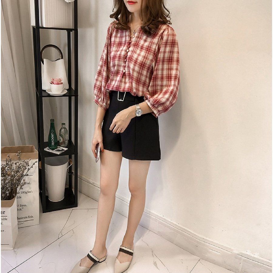 柄シャツ ブラウス レディース 7分袖 着やせ 襟付き パフスリーブ 落ち感 エレガント 着痩せ 体型カバー おしゃれ 可愛い きれいめ ワイシャツ カジュアル 七分袖 シャツブラウス チェック柄 Vネック レディース ゆったり