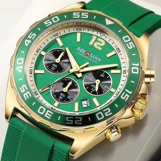 新品 AOCASDIY オマージュクロノグラフ ウォッチ ラバーストラップ メンズ腕時計 グリーンu0026ゴールド