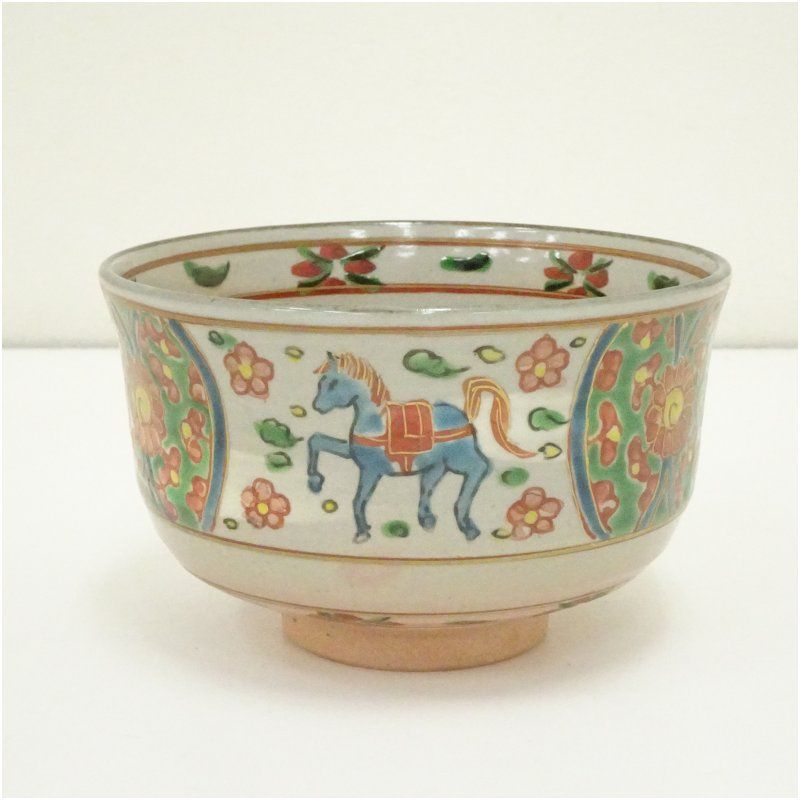 京焼 橋本永豊造 赤絵馬茶碗（共箱） 茶道 抹茶 おしゃれ 抹茶茶碗