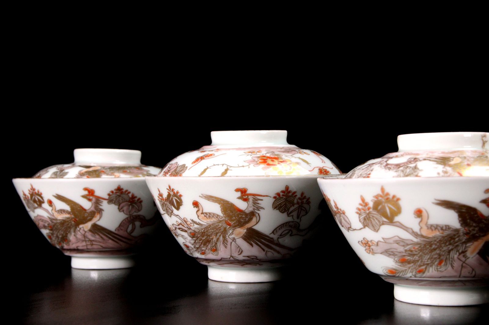柿右街門造 鳳凰文金彩染付蓋碗 11cm 7客 箱付 唐物 骨董 古美術