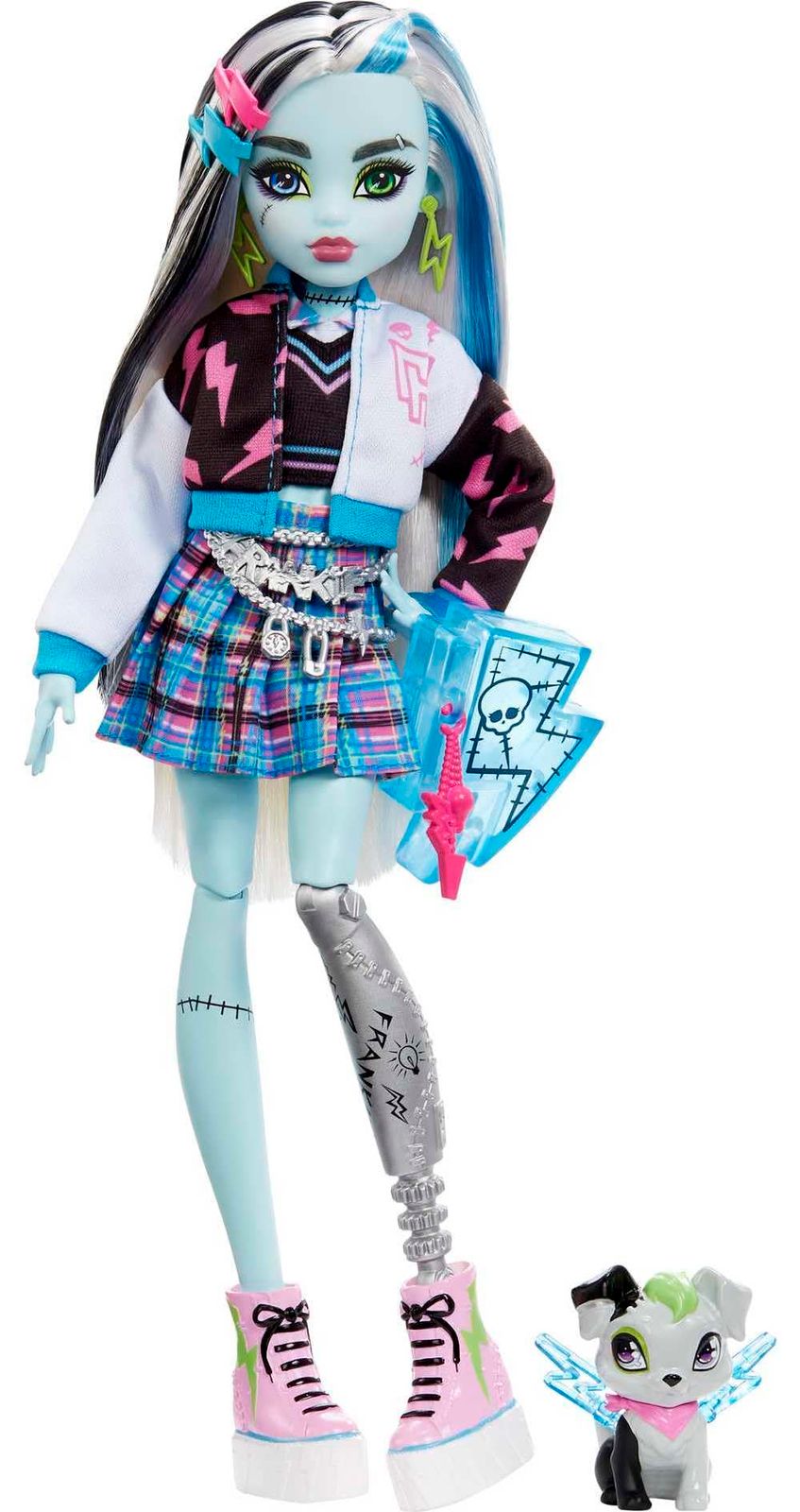 Monster High Poupée Frankie Stein Avec Accessoires Et Animal De Compagnie， Poupée Mode Articulée， Cheveux Méchés Noirs Et Bleus，  
