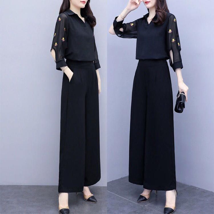 パンツスーツ シフォン ワイドパンツ 夏 フォーマル Vネック