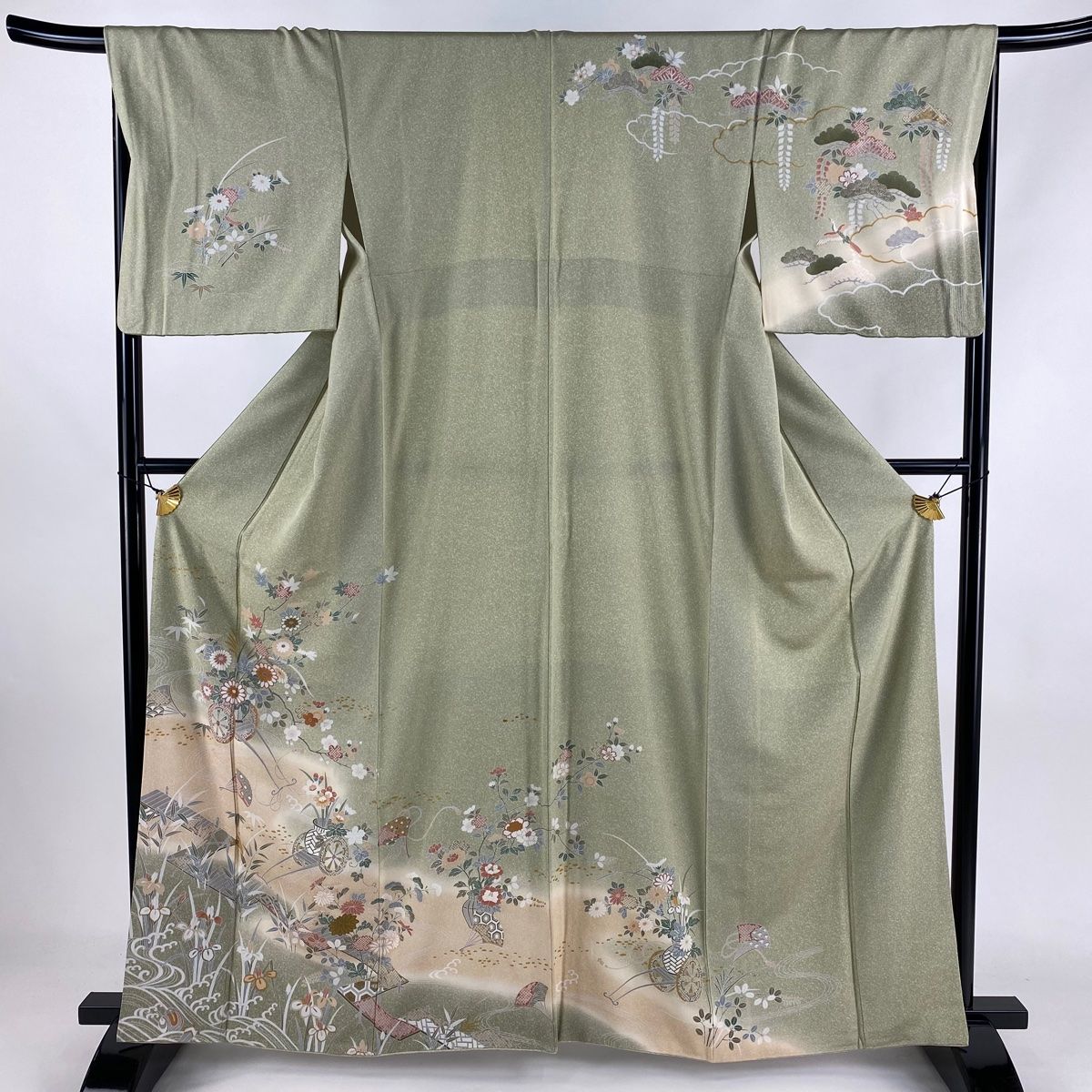 バイセル 着物 名品 訪問着 灰白 御所車 松竹梅 草花 鶴 橋 流水 金彩 正絹 163.5cm Mサイズ ☆☆☆☆ 振袖 身丈158cm 裄丈65cm M 袷 袋帯フルセット 花唐草 松竹梅 金糸