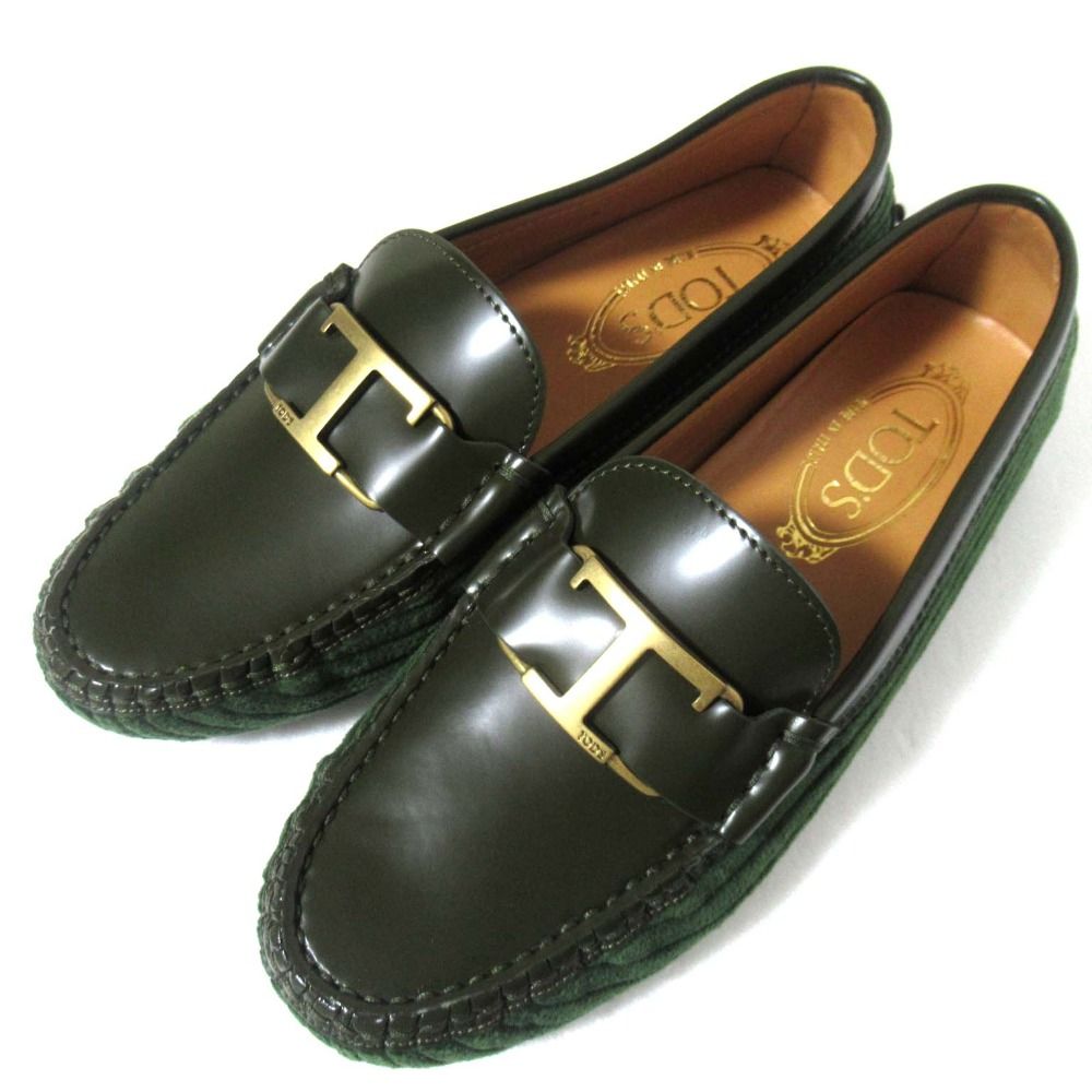 ♥ TOD S トッズ Tタイムレス ゴンミーニ レザー×コーデュロイ ローファー ドライビングシューズ 36 約23cm グリーン系 レディース 古着