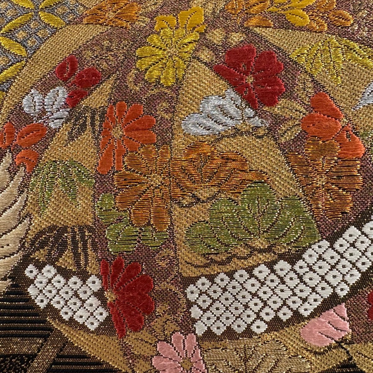 袋帯 秀品 手鞠 花鳥 金銀糸 箔 深緑 全通 正絹