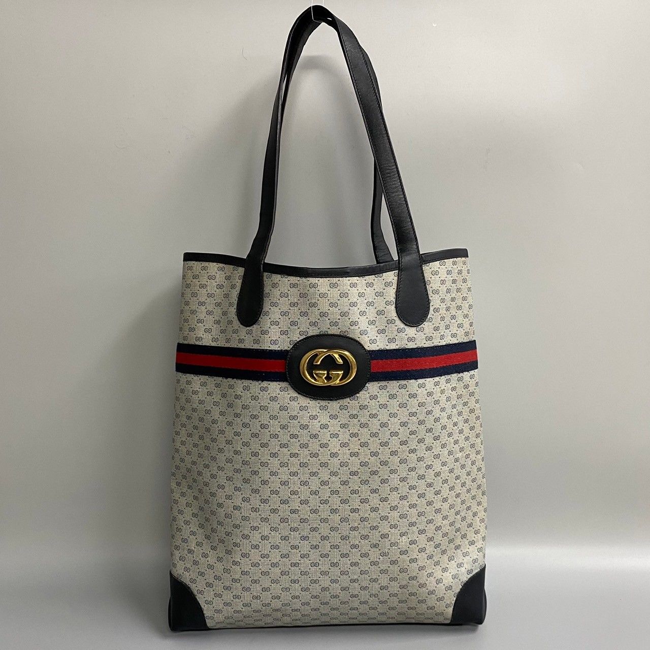 美品 GUCCI グッチ オールドグッチ シェリーライン マイクロGG ロゴ 金具 レザー トートバッグ ハンドバッグ A4収納可能 ネイビー  24746 - メルカリ