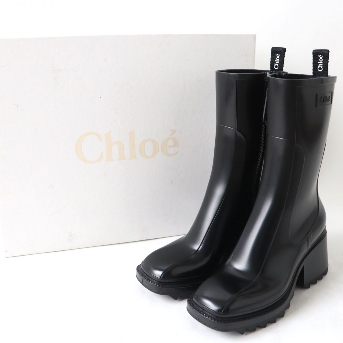 極美品☆定価74800円 Chloe クロエ BETTY ベティ ロゴ入り サイドZIP ラバー レインブーツ/長靴 ショートブーツ ブラック 36  箱付