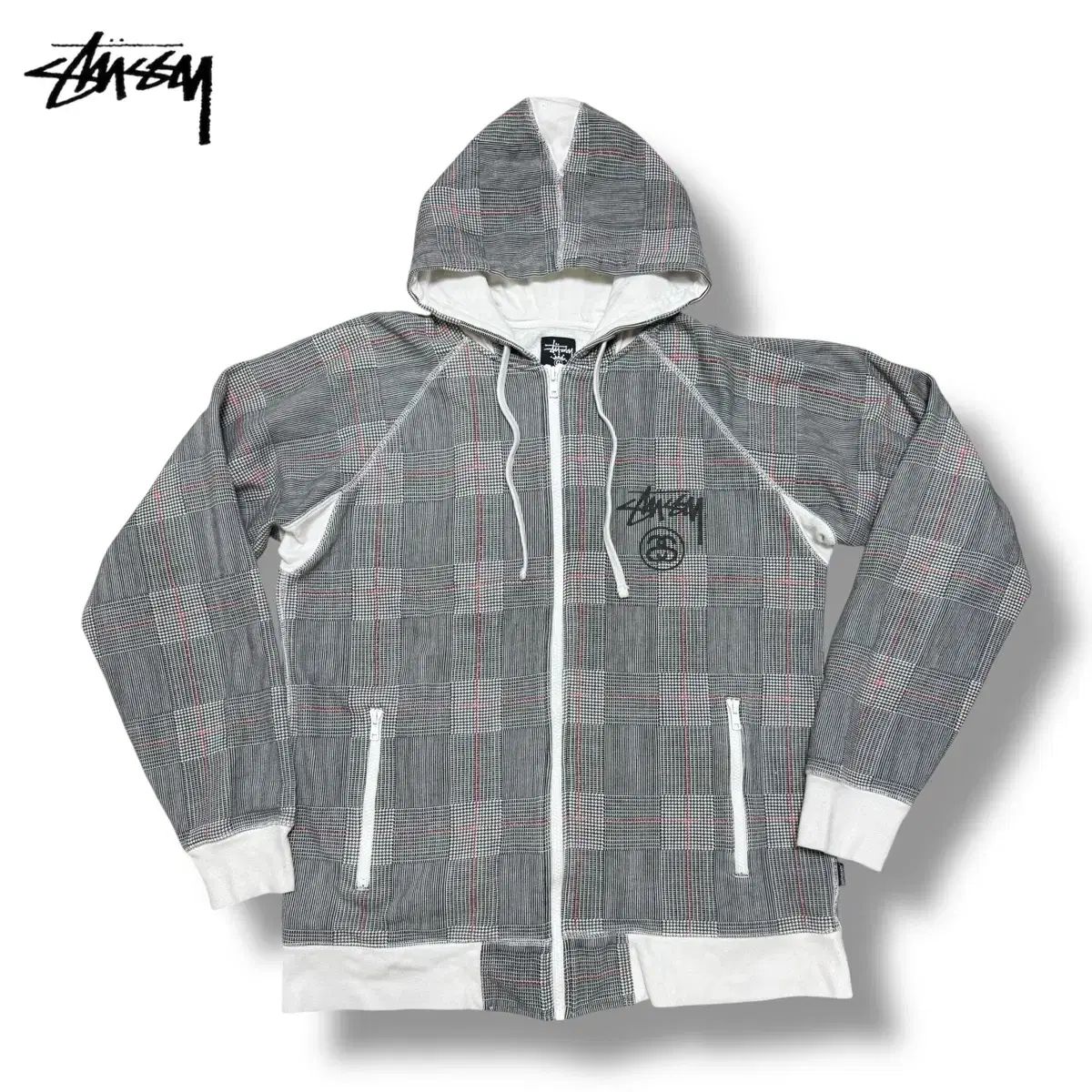 STUSSY(ステューシー) 黒 チェック柄 フード付き ジップアップパーカー 