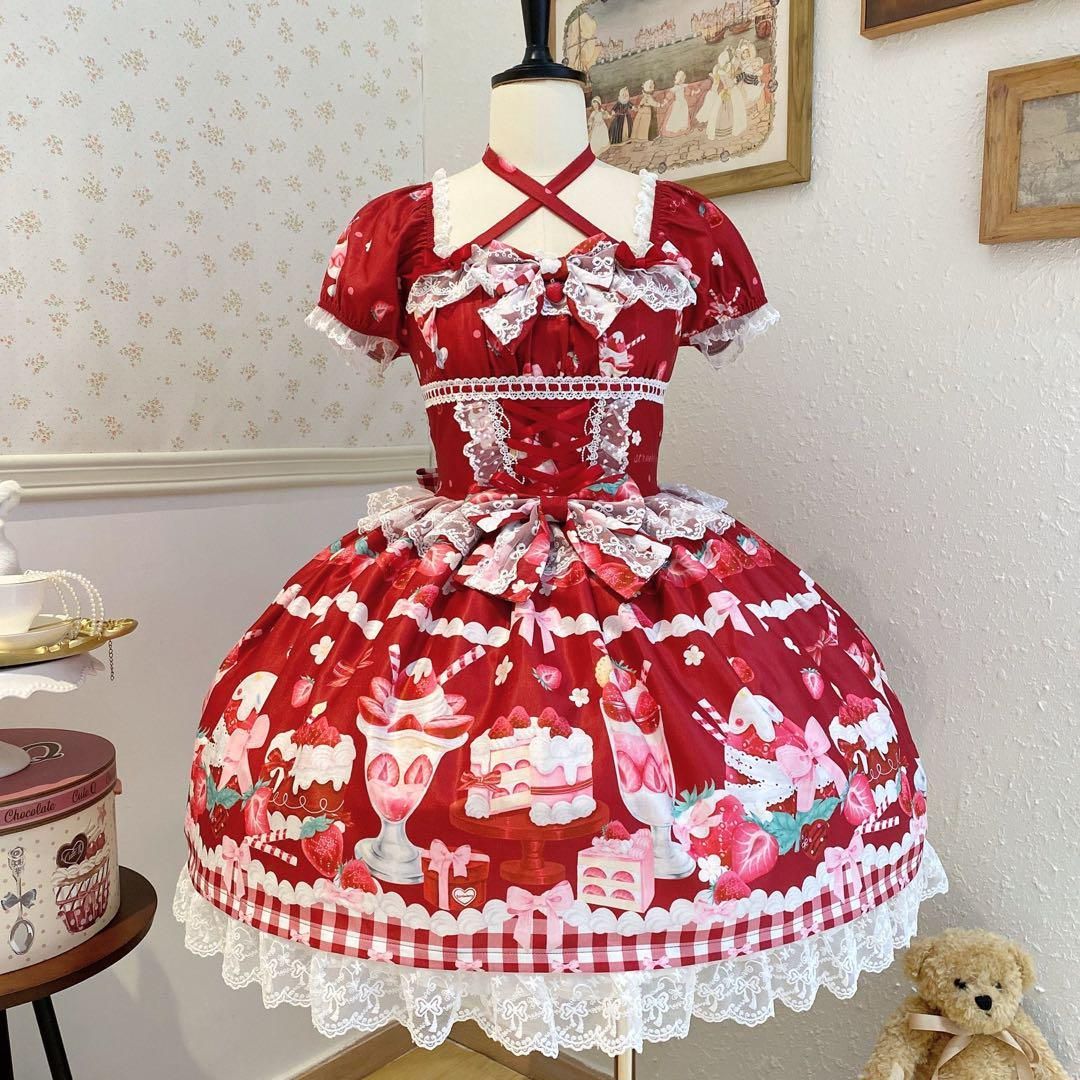 【苺パフェ】ロリータドレス リボン可愛いゴスロリ 森ガール 姫様 スイーツ柄 赤 苺パフェ】イチゴ ロリータドレス リボン 可愛い ゴスロリ 森