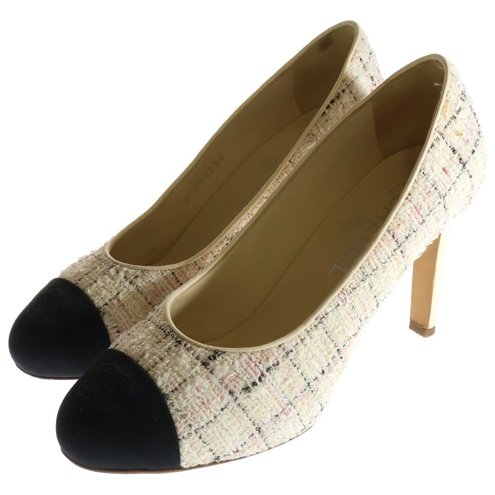 CHANEL シャネル ココマーク ステッチ ファンシーツイード 切り替え ヒール パンプス シューズ ホワイト|ブラック レディース G33734