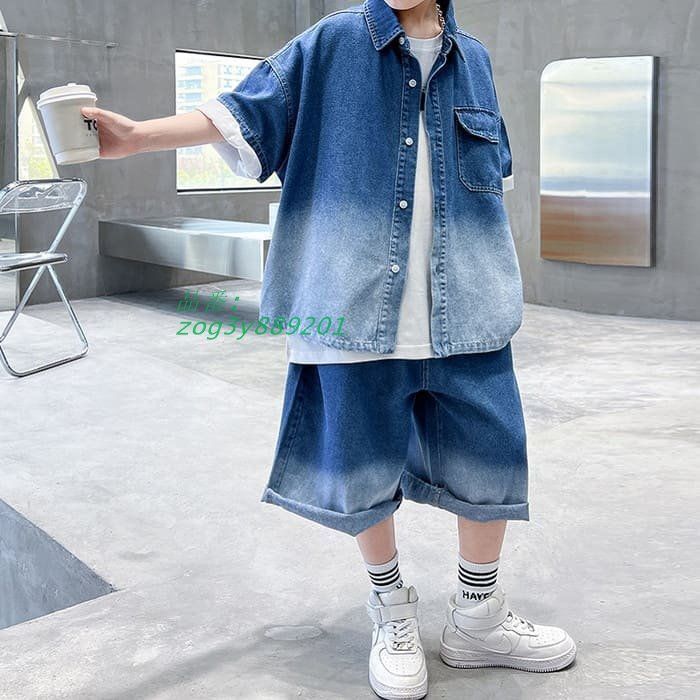 小学生 男の子 セットアップ デニムシャツ ハーフパンツ 2点セット 半袖 キッズ ジュニア 韓国 子供服 子ども グラデーション 通学 春夏 zog3y889201