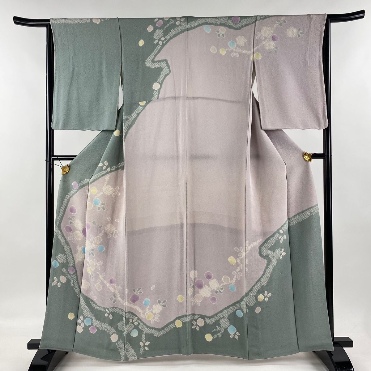 訪問着 身丈158.5cm 裄丈65cm M 袷 草花 絞り 縮緬 灰緑 正絹 名品