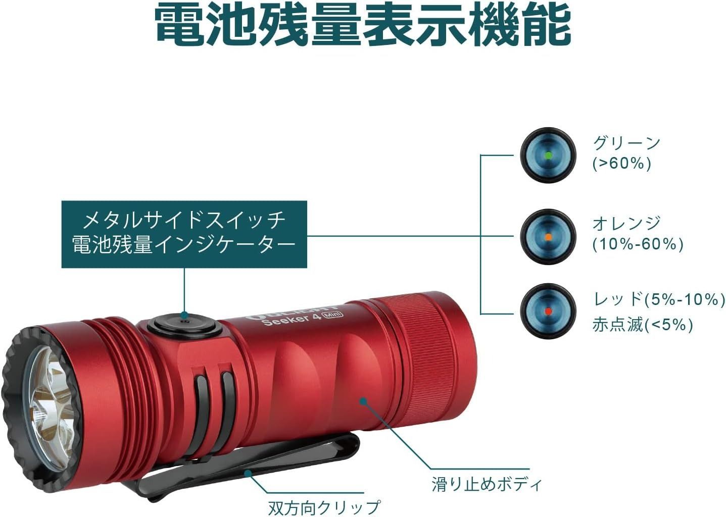 OLIGHT(オーライト) Seeker 4 Mini 懐中電灯 ハンディライト フラッシュライト ダブル光源 高輝度 1200ルーメン UVモード付き 充電式 IPX8防水 小型 防災 アウトドア用 停電対策 オイル漏れや汚れ対策 (レッド)