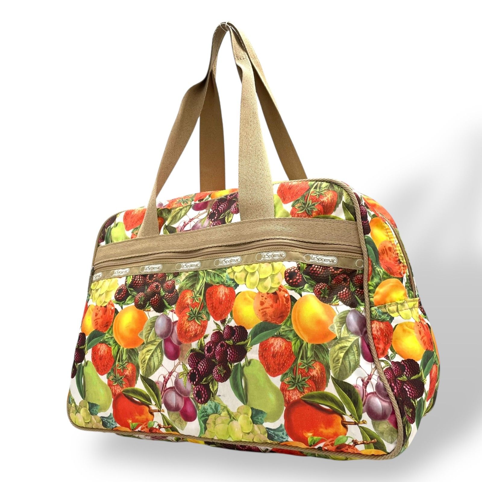 ♥級 LeSportsac レスポートサック ボストンバッグ ナイロン マルチカラー ベージュ 果物 フルーツ柄 総柄 シルバー金具 ロゴ 肩掛け可 レディース S91