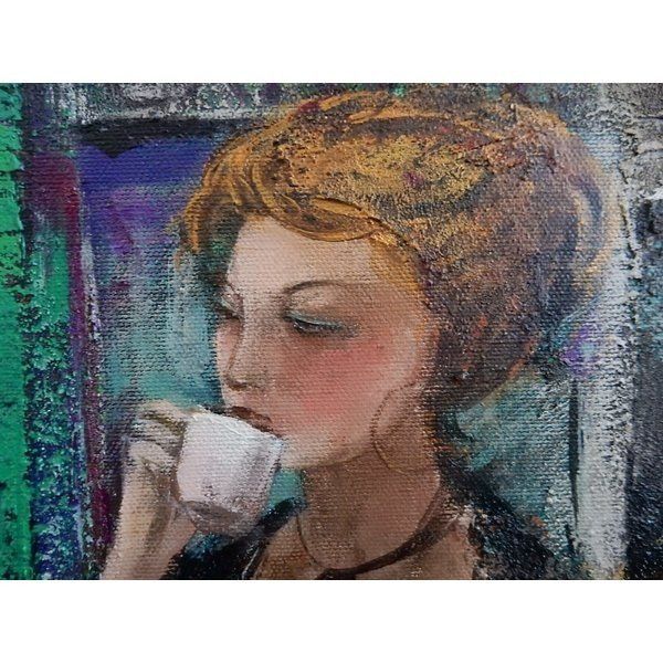佐々木里華「カフェの女」 油彩 F8号 絵画 人物画 美術 アート