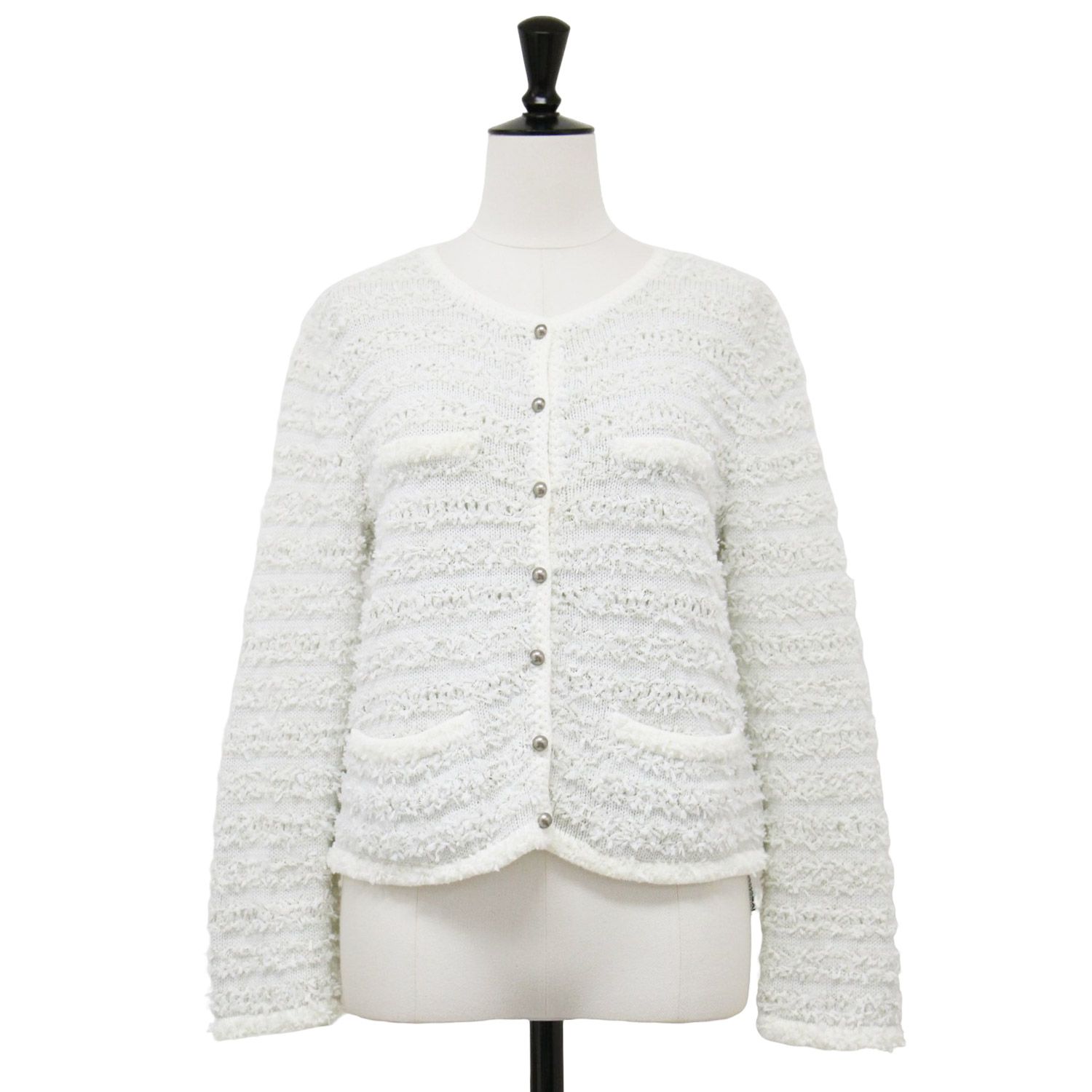 FOXEY フォクシー カーディガン ホワイト 白 サイズ 38 S ツイード ニット カーディガン ジャケット ショート丈 クルーネック 長袖 コットン トップス セーター 羽織り レディース
