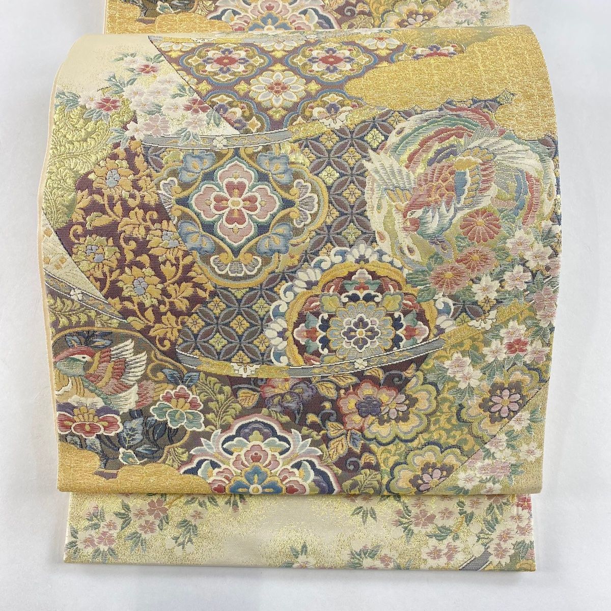 袋帯 美品 秀品 鳳凰 華文 金糸 箔 ベージュ 六通 正絹 【中古 