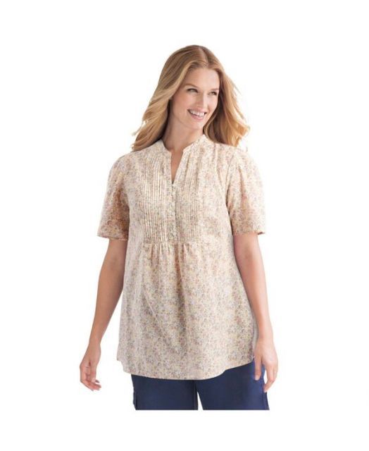 送料無料 ウーマン ウィズイン レディース シャツ トップス Women s Plus Size Pintucked Half-Button Tunic Natural khaki blooming ditsy
