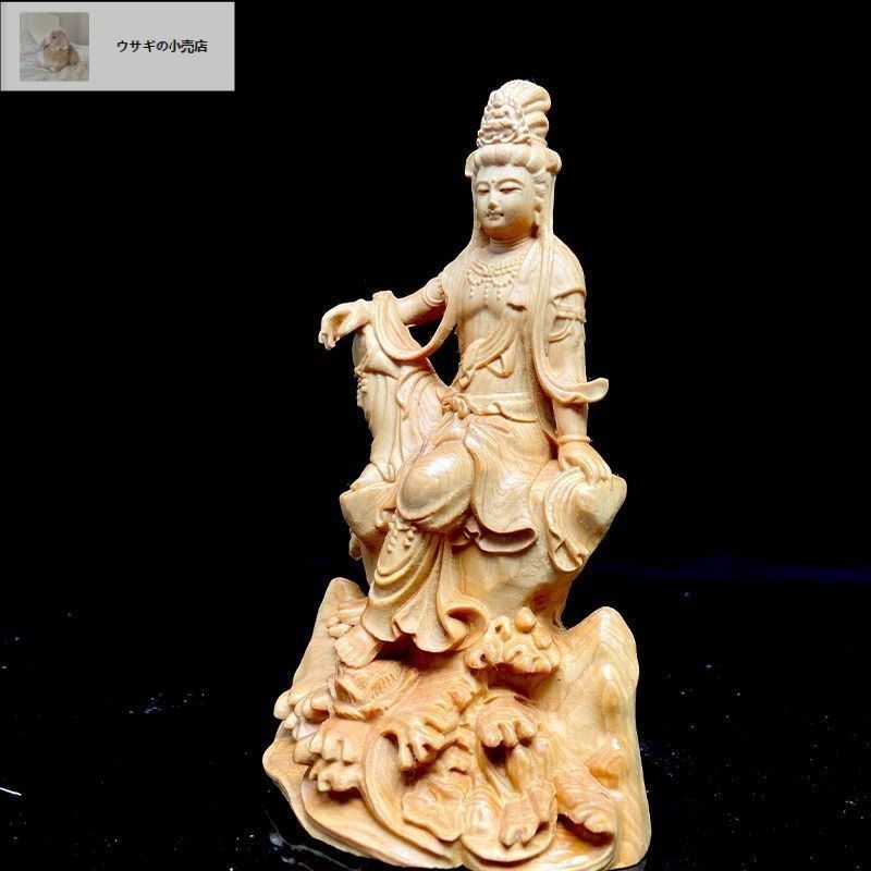 置物　木彫観音様 仏像 オブジェ 置物 蓮観音 ツゲの木 木彫り 彫刻 開運 幸運
