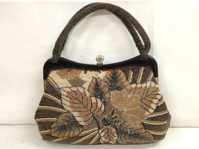 平和屋本店■和装小物　ビーズバッグ　和装バッグ　葉重ね　がま口　持ち手付き　レトロ　逸品　DZAA11207kh5 平和屋本店□和装小物 ビーズバッグ 和装バッグ 葉重ね がま口 持ち