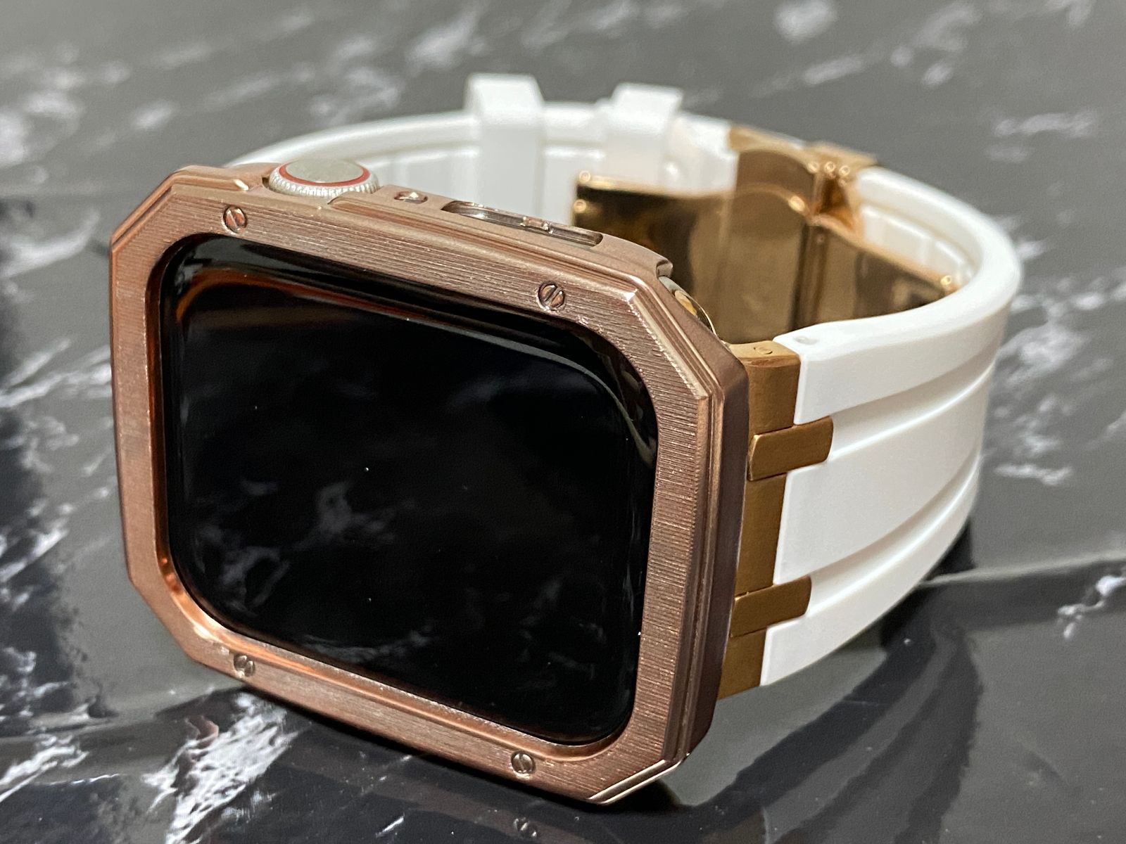 ローズ×ホワイト アップルウォッチ ラバーベルト Apple Watch ケース 