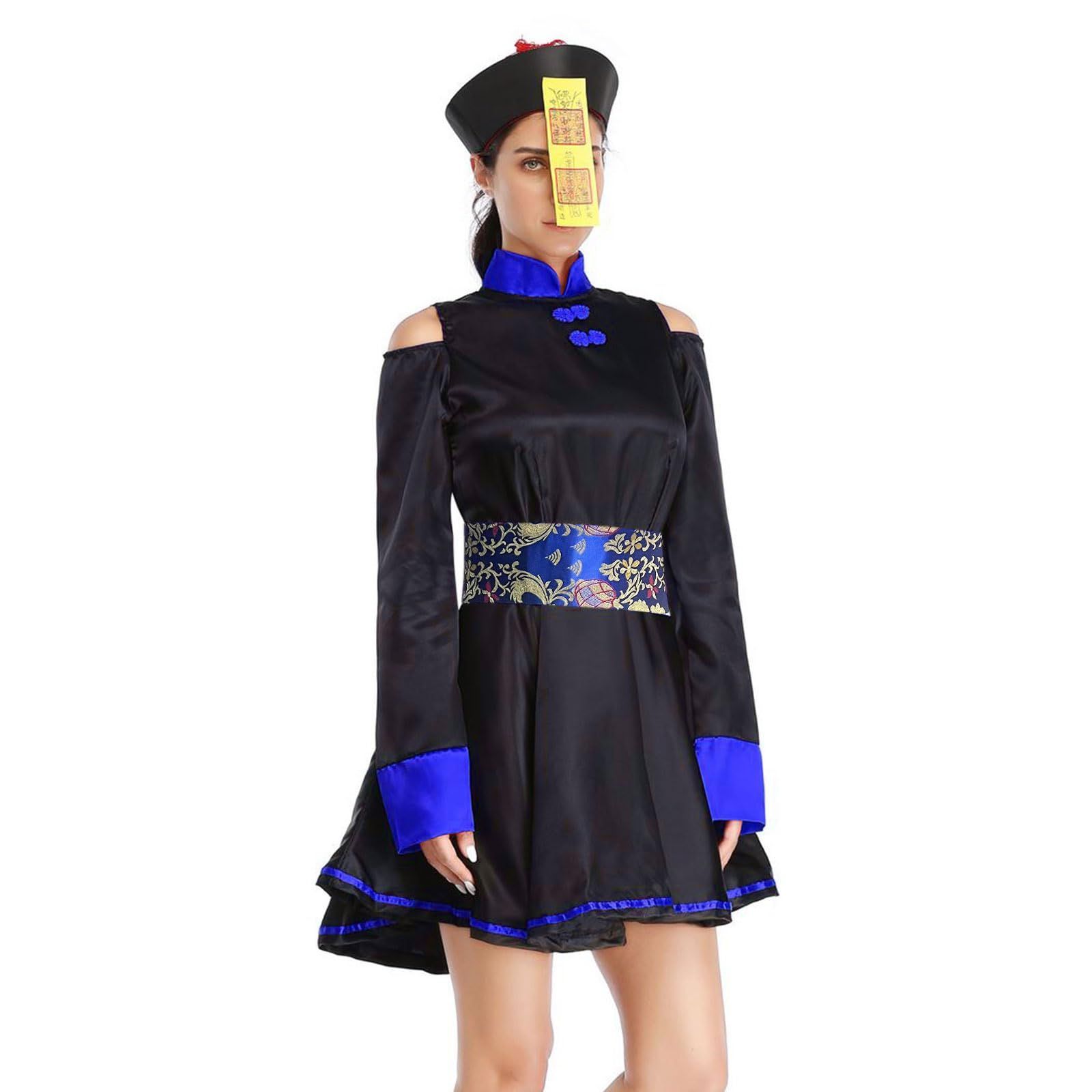 仮装 コスプレ 中国風 ゾンビ レトロ ハロウィン 女性用 ワンピース（青u0026XLサイズ） キョンシー服 [DECEED]