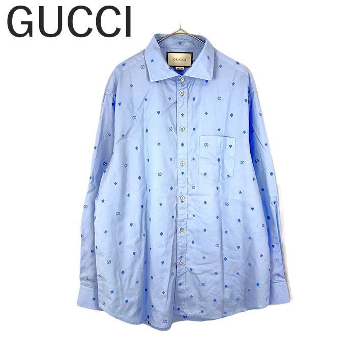 グッチ GUCCI シャツ GGロゴ 星 ハート クローバー柄 コットン ライトブルー 水色 送料無料 i0601oq01657 中古 古着 ブランド古着DB グッチ GUCCI シャツ GGロゴ 星 ハート クローバー柄 コットン