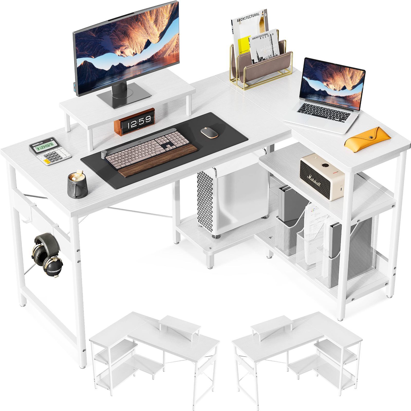 商品 ラック付き 幅120cm pcデスク 机 desk デスク 収納 L字型 オフィスデスク ゲーミングデスク 在宅勤務 l字デスク 書斎 パソコンデスク 組立簡単 ODK ホワイト