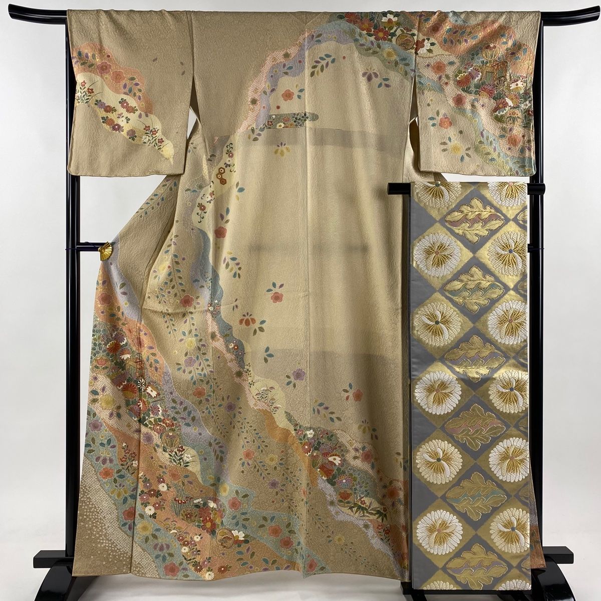 訪問着 身丈163.5cm 裄丈66.5cm M 袷 袋帯セット 御所車 草花 金彩 染分け 薄茶色 正絹 秀品