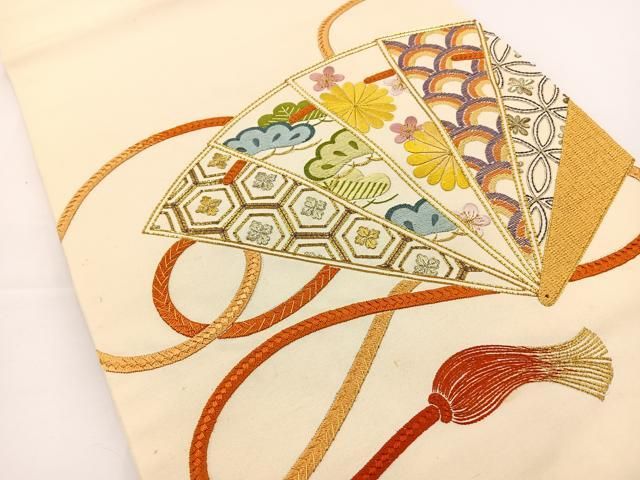 平和屋着物◎九寸開き名古屋帯 総駒刺繍 扇面花文 金