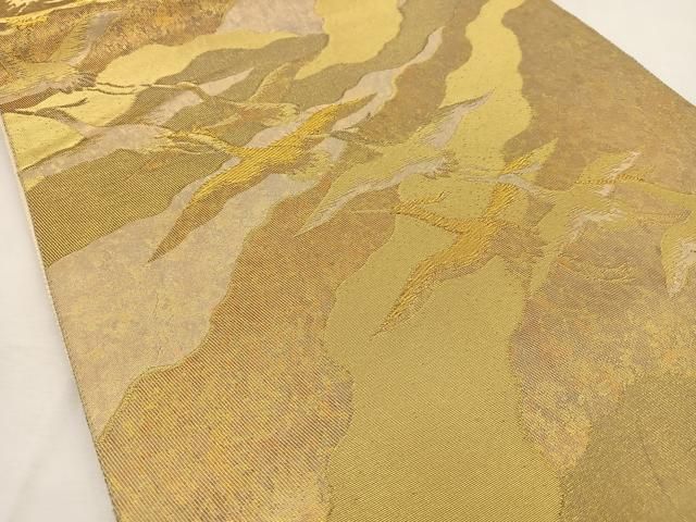 平和屋2■六通柄袋帯　飛鶴風景松文　金糸　引箔　逸品　sf2612 平和屋着物◎太鼓柄袋帯 唐織 扇面飛鶴松文 金糸 引箔 正絹 逸品