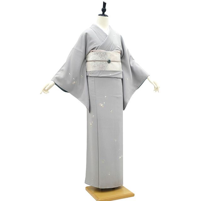 正絹・梅染め手描き友禅天目織様袷着物・紋なし・淡いグレー色 新古品】 小紋 着物 未使用 正絹 袷 手描き友禅 手染め グレー