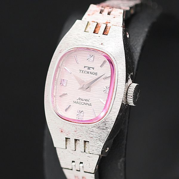 稼働 良品 テクノス 手巻き マドンナ 461582 ピンク文字盤