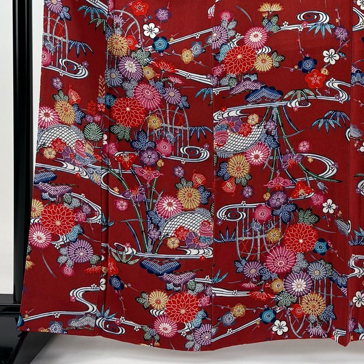 小紋 身丈163cm 裄丈66cm M 袷 松竹梅 流水 縮緬 赤 正絹 美品 秀品