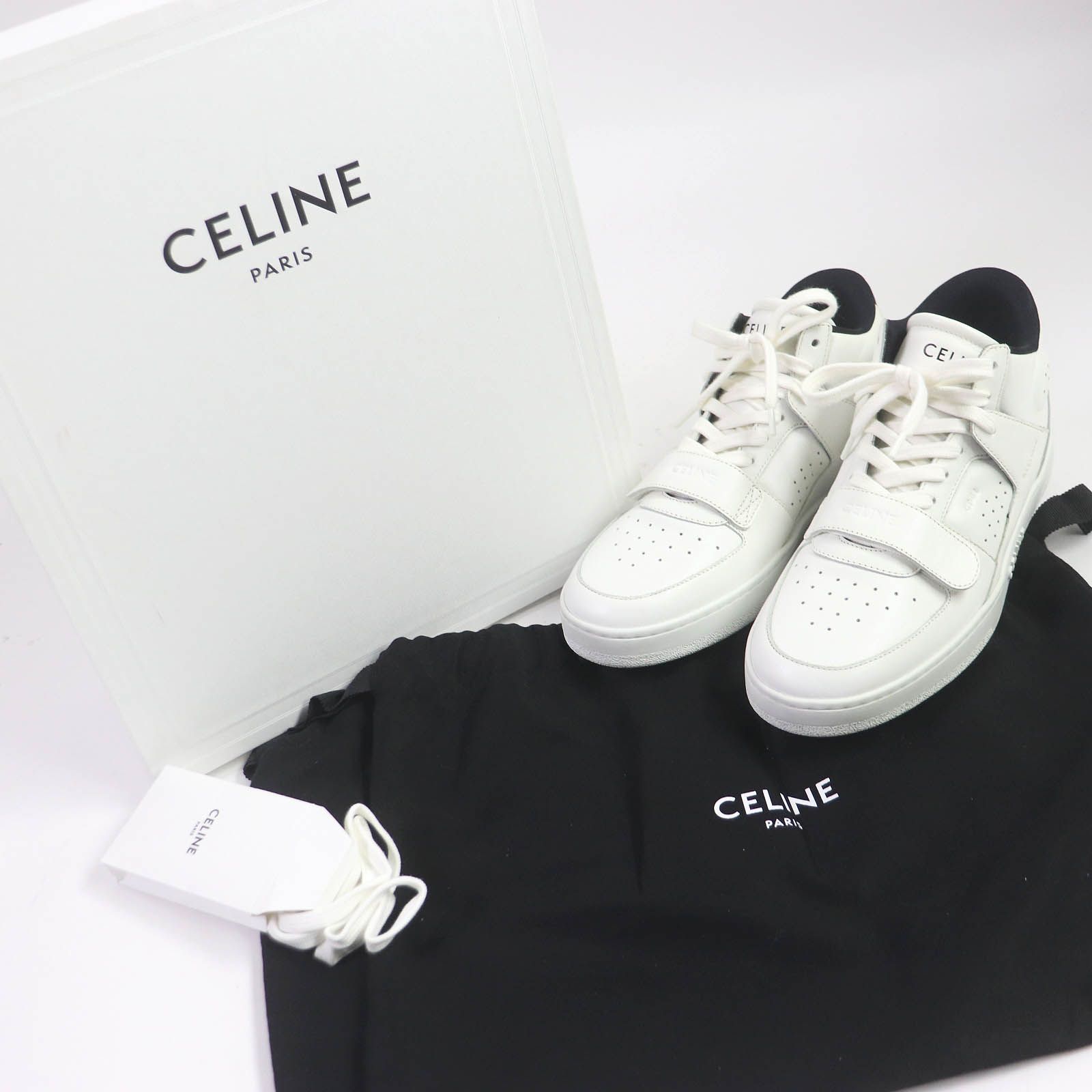 未使用品□CELINE セリーヌ CT-02 レザー ベルクロストラップ レースアップ ミッドスニーカー オプティックホワイト ブラック 39  箱・保存袋付き メンズ 定価121,000円 - メルカリ