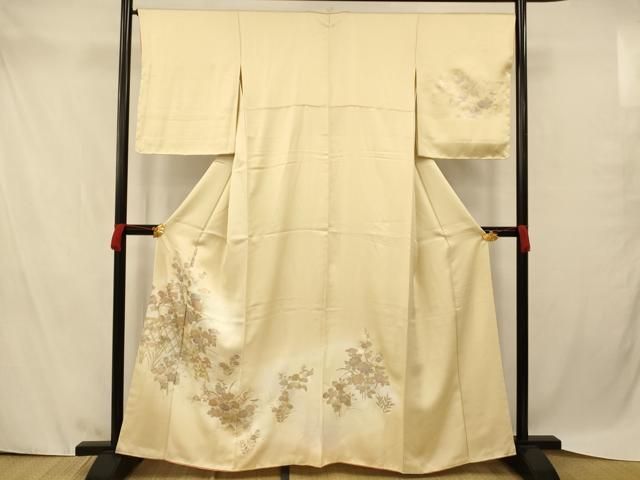 ［3145］［3925］訪問着 草花文 落款有 作家物 金彩 正絹 着物 袷 訪問着 奥田勝将 建物に草花文様 黄土色 作家物 落款入 証紙付き
