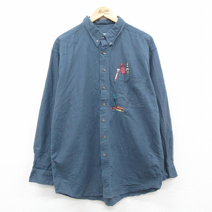 L/古着 長袖 シャツ メンズ 00s クレヨン 刺繍 リネン ボタンダウン 紺 ネイビー 24oct10 中古 トップス